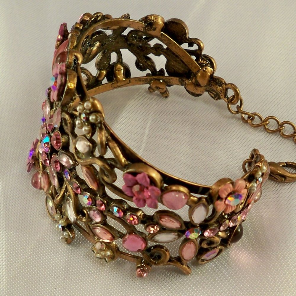 New Felicia Pink Floral Rhinestones Copper Tone Cuff Bracelet